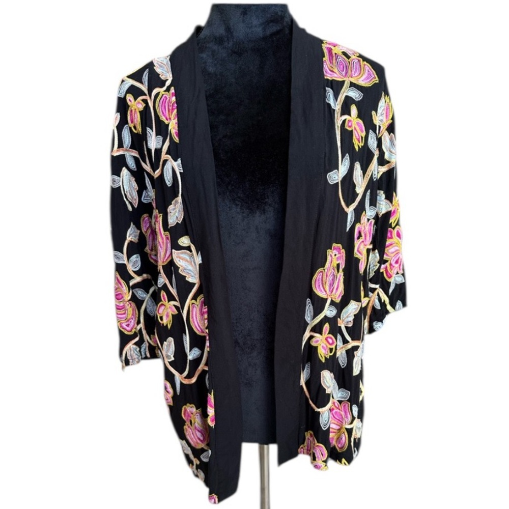 Braeve XS/S Multi-Color Floral Embroidered Black Kimono Wrap Jacket 3/4 Sleeves